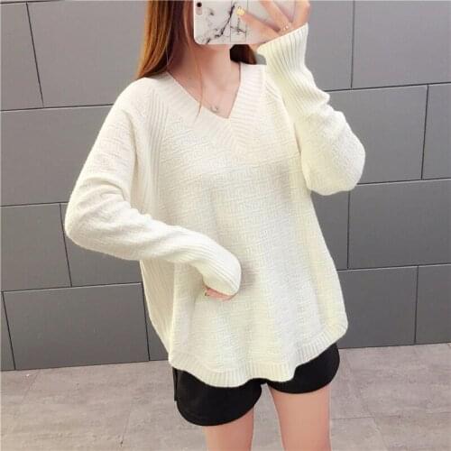Womens Sweater Loose V-neck Pullover Sweater Female Winter Knit Sweaters Plus Size
