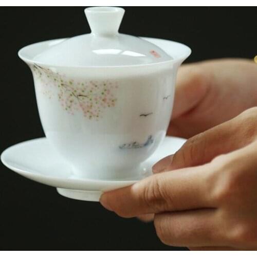 160ML Handpainted Kung Fu Tea Set Chinese Hand Made Ceramic Gaiwan High Quality White Porcelain Tea Cup Portable Travel Tea Bowl