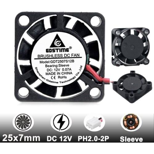 Gdstime 2 pcs DC Cooling Fan 25x25x7mm Micro Radiator 25x25mm 12V 2507 25mm x 7mm PH2.0 2 Pin Small Brushless Cooler
