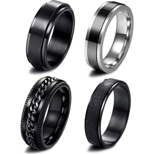 4 Pcs Stainless Steel Fidget Spinner Rings Set for Men Women Cool Wedding Bands Rings Wide Fashion Pattern Beveled Edges Ring