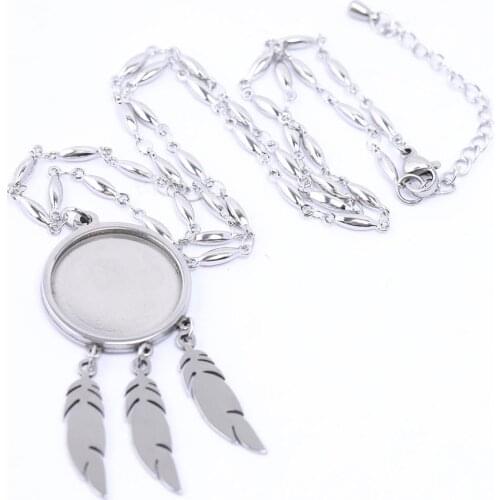 5pcs 45cm long feather charm fit 20m round cabochon pendant base setting trays diy 45cm long chain necklace blanks diy findings