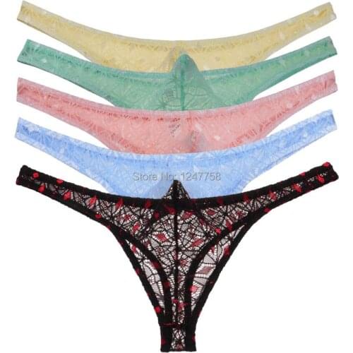5Pcs/Lot Mens Sheer Rhombus Lace T-Back Underwear See-through Pouch Bikinis Thong Pants