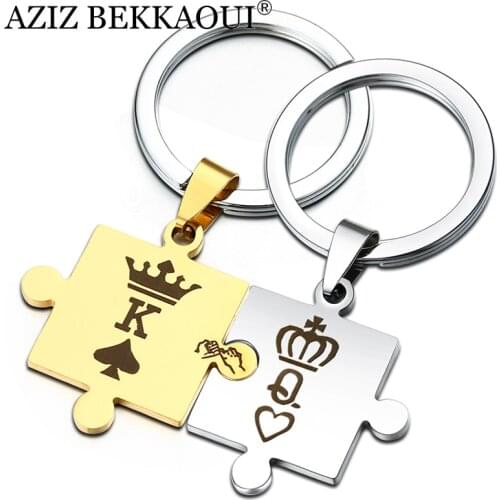AZIZ BEKKAOUI Letters K & Q Couple Keychain with Crown Fashion Stainless Steel Keyring King & Queen Family Gift Dropshipping