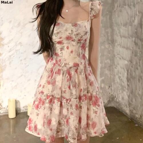 One Piece Mini Dress Short Sleeve Flower Party Female 2021 Summer Floral Elegant Women Evening Party Dress Korean Chic Y2k Dress