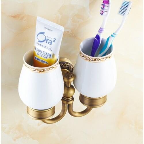 Cup & Tumbler Holders Wall Mounted Ceramic Cup Bathroom Accessories Antique Brass Double Tumbler Holders Toothbrush Cup Holder