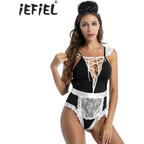 Women Cosplay Costume Role Play Clubwear Leotard Maid Bodysuit Lace-up Cutout Bodycon Jumpsuit with Apron and Hair Hoop Outfits