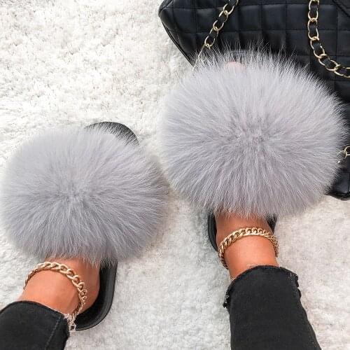Ethel Anderson Women Real Fox Fur Slippers Shoes Flip Flops Flat Fluffy Raccoon Fur Slides New Outdoor Colorful Sandals Shoes