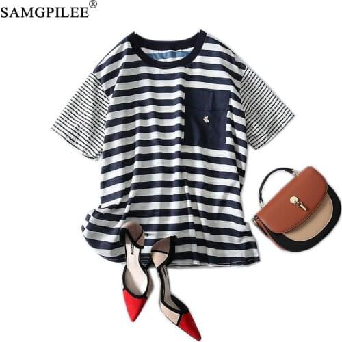 Summer Women T-shirts 2021 New Korean Style Fashion Classic Striped Patchwork Raglan Short Sleeve Thin Chiffon Tshirt Woman 4XL