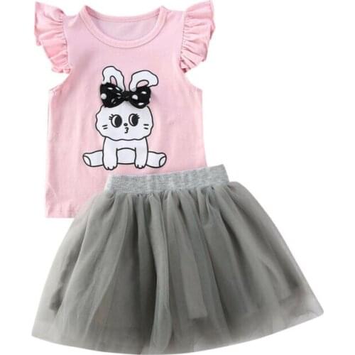 Girls Clothing Sets 2020 New Style Summer Children Clothes Cute Rabbit Fly Sleeve Tops + Lace Tutu Skirt 2pcs Kids Clothes Sets