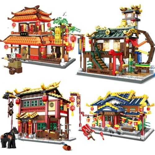 Chinese Street View Building Blocks Lantern Cloth Village Pharmacy Inn Model Bricks Set Kit Toys for Kids Adult Christmas Gift