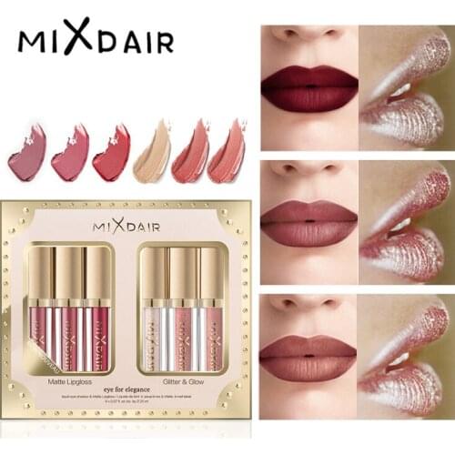MIXDAIR 6 Pcs Matte Lip GlossColor and High Beam Set Longlasting Waterproof Gliter Pearl Light Lipgloss Packaging Bags Gift