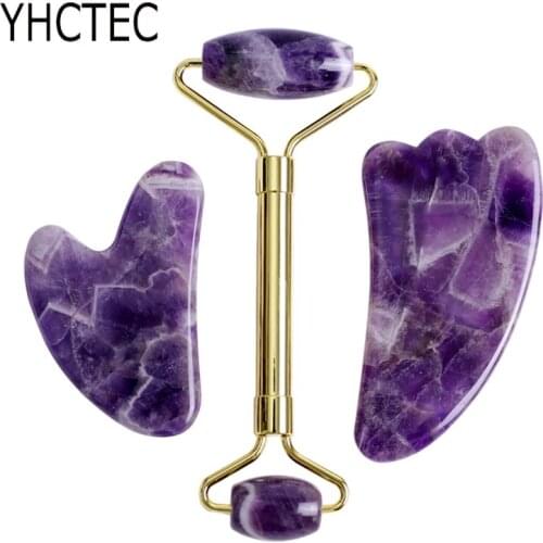 Natural Amethyst Jade Face Massage Roller Guasha Scraper Set Gouache Stone Skin Care Tools Slimming Massager Gouache Scraper Z