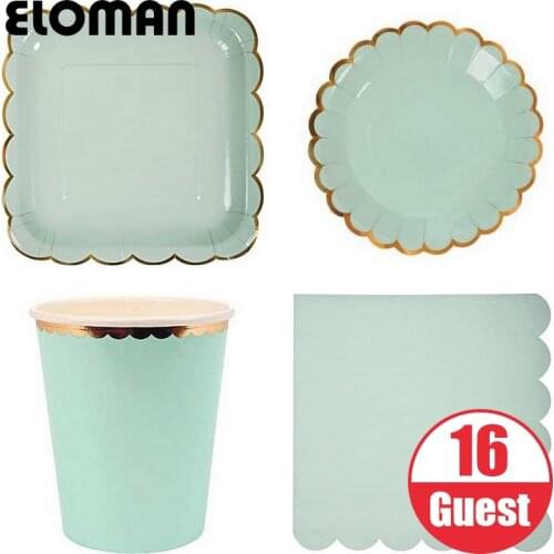 ELOMAN 16 24 32 Guest solid color party tableware paper cups plates napkin for bithday wedding decorations