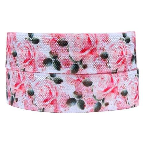 Wholesale rose printed foe, 50 yards 15mm flower fold over elastic for hair ties