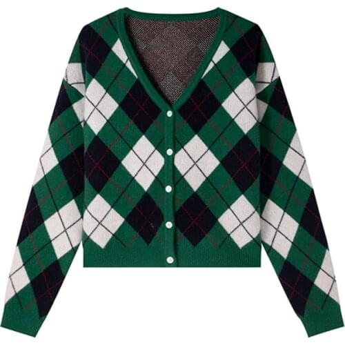 Zoki Autumn Women Argyle Knitted Cardigan Fashion Plaid Long Sleeve Casual V Neck Sweater Loose Green Korean Short Jacket 2021