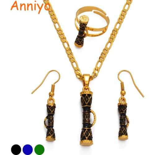 Anniyo Black/Blue/Green Drum Papua New Guinea Necklaces Earrings Ring sets for Women PNG Kundu Jewelry Party Gifts #229506