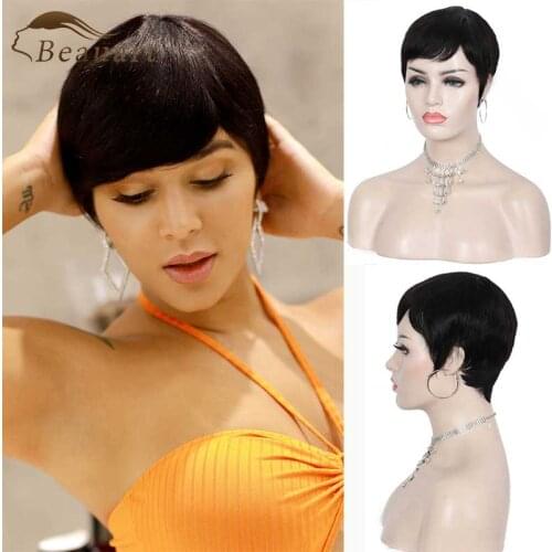 Beauart Pixe Cut 100% Human Hair Full Wig For Women Side Part Black Bob Cut Wigs With Bangs Short Straight Pixie Cut Machine Wig