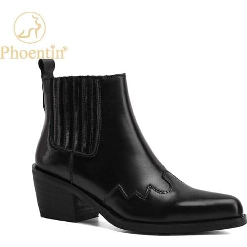 Phoentin Autumn Winter Genuine Leather Chelsea boots womens Ankle booties high heel casual shoe Black short boot FT1181