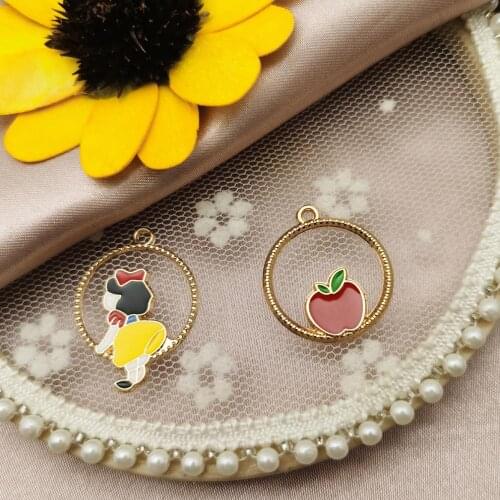 10pcs Swing Ring Girl & Apple Enamel Charms Pendants Kawaii Cartoon Metal Charm Fit Fashion Earring DIY Jewelry Making Accessory