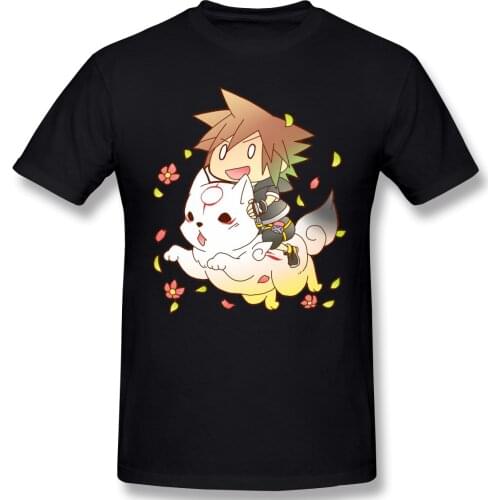 Chibi Sora & Okami Of KH T-Shirt Funny Tees O Neck 100% Cotton Kingdom Hearts Clothes Humor T Shirt