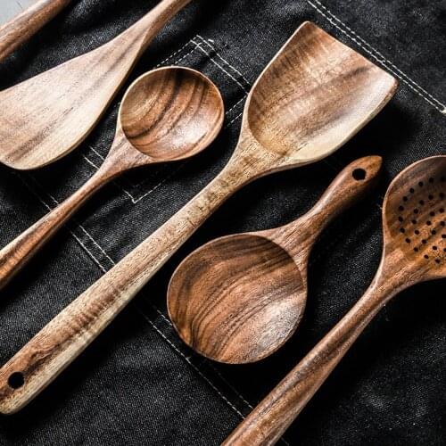 Thailand Teak Natural Wood Tableware Spoon Ladle Turner Long Rice Colander Soup Skimmer Cooking Spoons Scoop Kitchen Tool