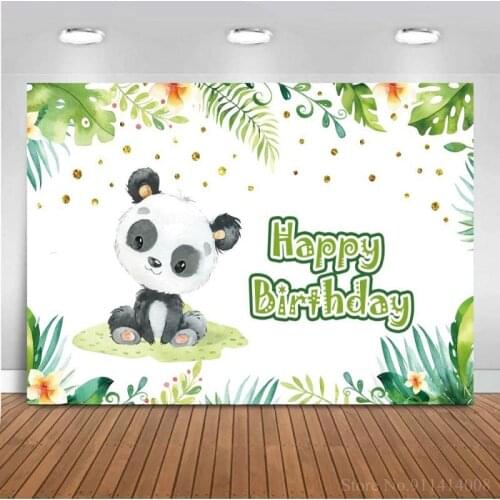 Spring Green Leaves Cute Panda Happy Birthday Photo Background Name Customize Kids Celebrate Family Party Decor Backdrops