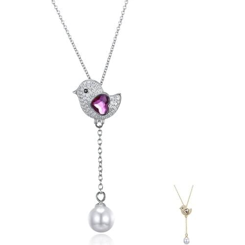 ZEMIOR Cute Bird 925 Sterling Silver Heart Austria Crystal Pendant Necklace Shell Pearl Double Pendant New Arrivals Jewelry