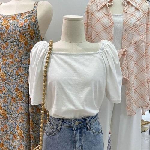 Short-sleeved T-shirt Women 2021 Summer New Korean Chic Loose Solid Color Fashion Square Collar Top