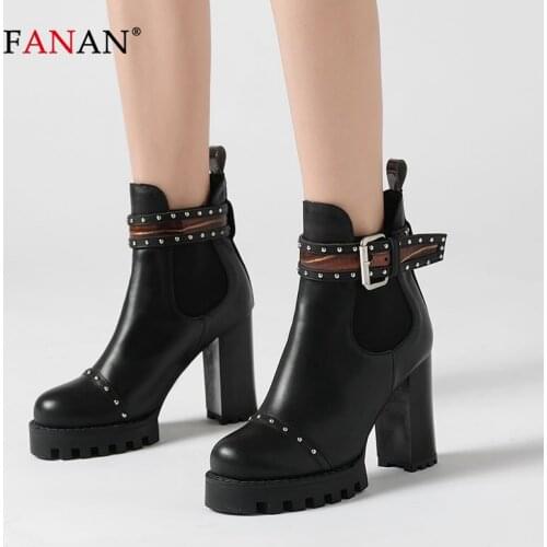 FANAN Winter Boots Women Super High Heels Ankle Boots Rivet Buckle Platform Block Heel Short Boots Womens Genuine Leather Shoes