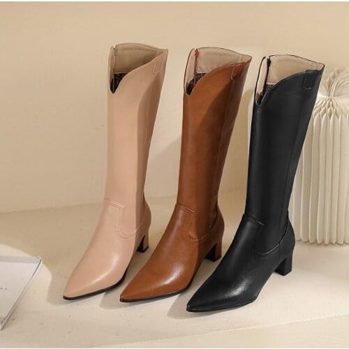 YMECHIC 2020 Autumn Winter Fashion Western High Heel Boots Black Woman Footwear Mid Long Knight Ridding Boots Cowboy Big Size 42