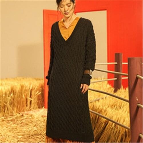 Top grade 100% hand made pure wool low Vneck knit women fashion solid long H-straight pullover sweater one&over size