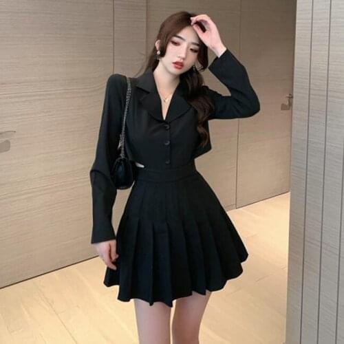 Gothic Long Sleeve Pleated Dress 2021 Women Spring Autumn Casual Notched Collar Mini Dress Button Lady Waist Hollow Goth Vestido