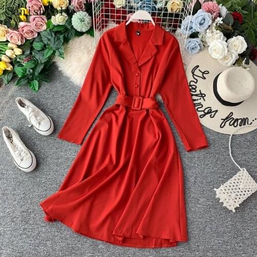 Sanishroly Spring Autumn Women Long Sleeve A-Line Vintage Dresses Casual With Belt Notched Dress Female Long Dress Vestidos C026