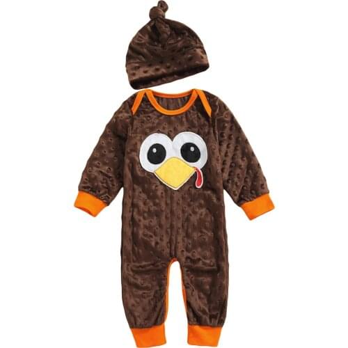 2Pcs Thanksgiving Day Babys Clothes Girls Boys Outfit Cartoon Chicken Pattern Fluffy Long Sleeve Round Collar Jumpsuit Cap Set