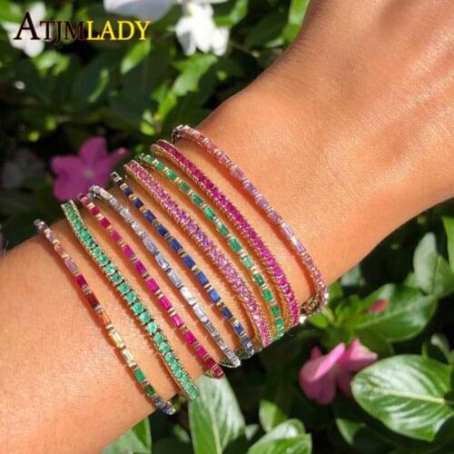 Gold Color Plated Bling Baguette Cubic Zirconia Bracelet For Women Luxury Jewelry Rainbow Cz Tennis Geometric Colorful Bangle