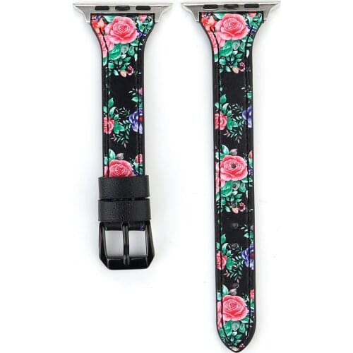 Floral Black White Thin Leather Compatible with Apple Watch Band 38mm 40mm Womens for iWatch SE Wristband Flower Printed Replace
