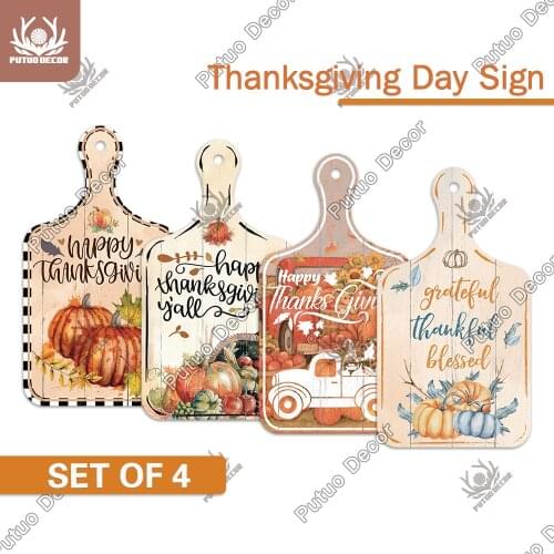 Putuo Decor 4PCS Thanksgiving Signs Cutting Board Wooden Plaque Hanging Signs Wood Plate Pumpkin Truck Home Wall Decor Gifts