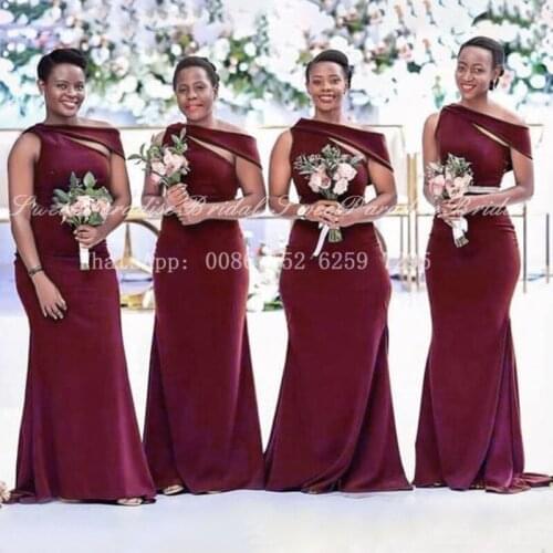 Cheap Burgundy Long Bridesmaid Dresses Mermaid One Shoulder African Women Bridal Party Dress Maid Of Honor