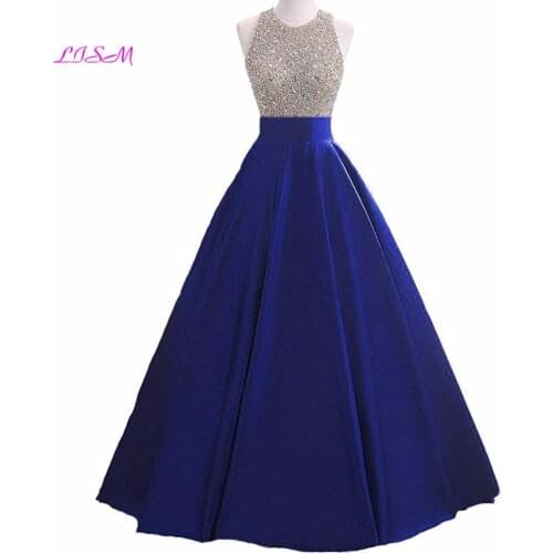 Crystals Beaded Long Prom Dresses 2020 O-Neck Royal Blue Satin Evening Party Gowns Sleeveless A-Line Open Back Prom Dress