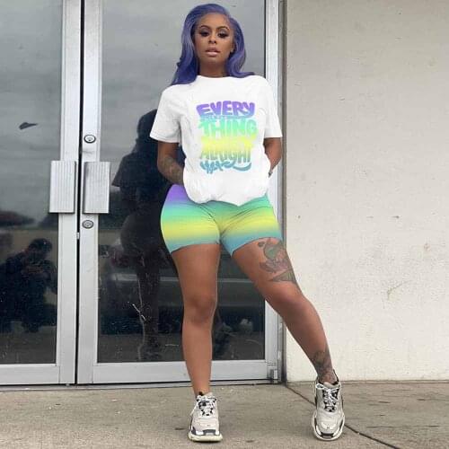 Rainbow Gradient Letter Print Short Sleeve Workout T-shirts and Sport Biker Shorts Hip Hop Streetwear Women Two Piece Tracksuit