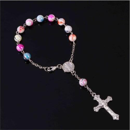 Christian Soft Ceramic Beads Glamour Color Pearl Rosary Cross Bracelet Painted Beads Baby Bead Bracelet Cross Bracelet
