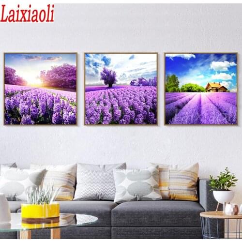 3 pcs set Diy Diamond Painting Lavender flowers Cross Stitch Full Square round Diamond Embroidery romantic view Mosaic decor