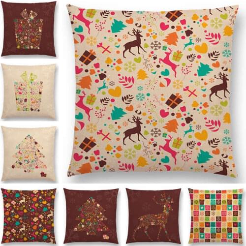 Christmas Day Series Cushion Cover Tree Gift Reindeer Snowflake Mini Pattern Prints Happy Holiday Colourful Throw Pillow Case