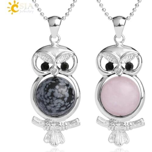 CSJA Cute Owl Animal Pendant Necklace Round Ball Bead Natural Stones Pink Quartz Snowflake Stone Pendants for Women Jewelry G055