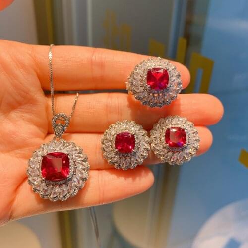 QTT Square Women Earrings/Pendant Necklace/Rings Set Silver 925 Jewelry Set Red Cubic Zirconia Wedding Jewelry Sets
