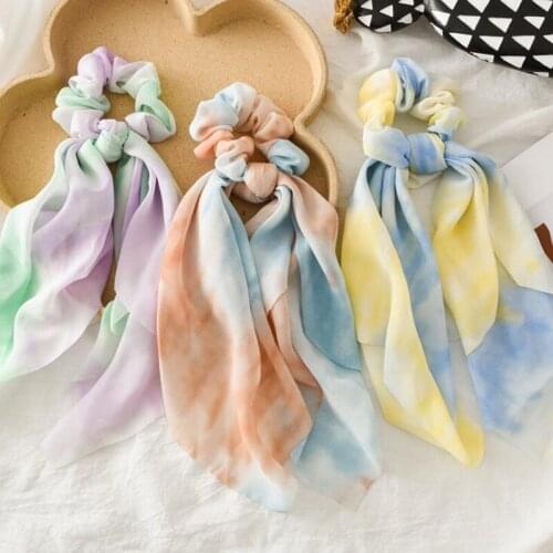 3 Colors Tie Dye Satin Chiffon Hair Scrunchies Silk Women Elastic Hair Bands Headwear Ponytail Holder Long Bow Hair Accessories