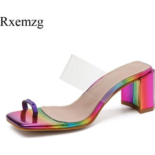 Rxemzg new fashion clear PVC transparent women slides square heels platform mixed colors flip flops summer outside women slipper