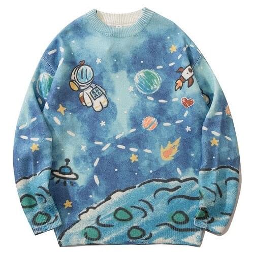 Kpop Spaceship Graffiti Blue Vintage Knitted Sweater Men Harajuku Fashion Women Pullovers Korean Clothes Sueteres Para Hombre