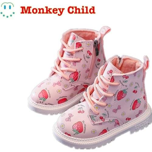 Keep warm Girl British style Leather boots 2021 Autumn Winter New style Girls Martin boots Lovely Strawberry Short boots