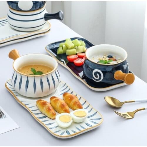 Creative Hand PaintedTableware Ceramic Bowl Handle Bowl Dessert Bowl Oatmeal Bowl Japanese Breakfast Plate Mug Set Kitchen sets
